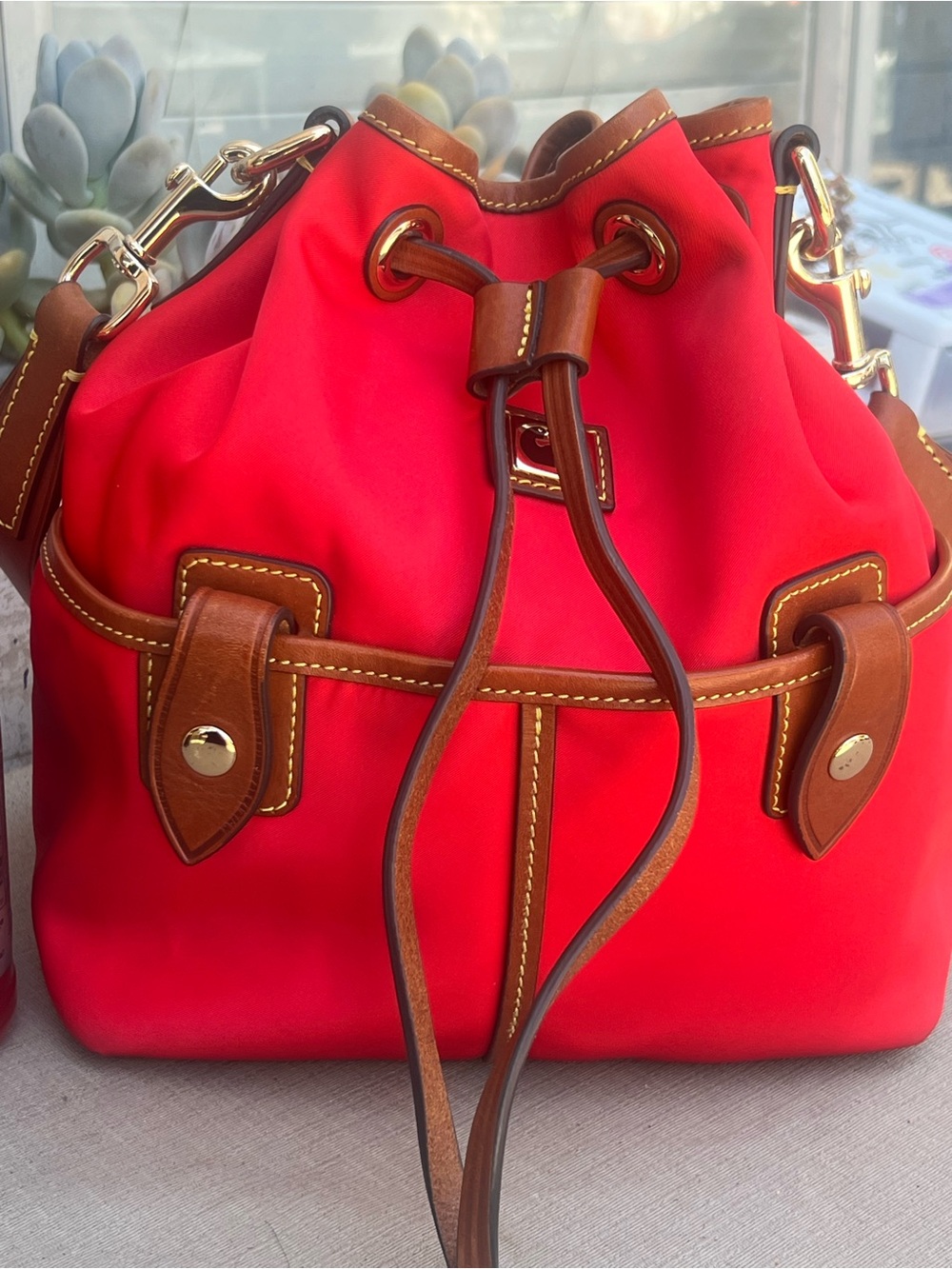 Red Drawstring Hobo with Brown Leather Trim